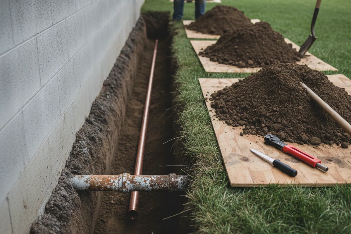 Excavated water line trench during Water Softener Installation in Kekaha